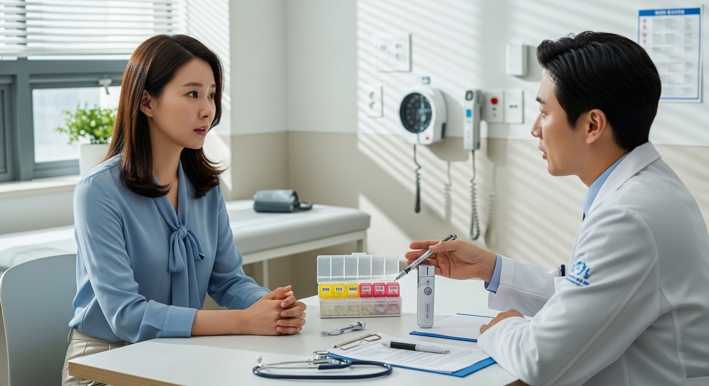 한국-병원-진료실에서-한국인-30대-여성이-의사와-상담하는-장면