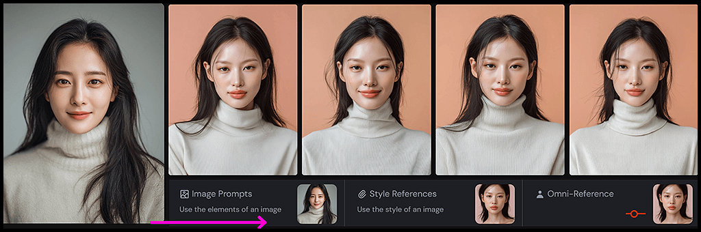 Midjourney OREF 고정 인물 표정 예시, 자연스럽고 편안한 미소를 짓는 여성 이미지_Midjourney