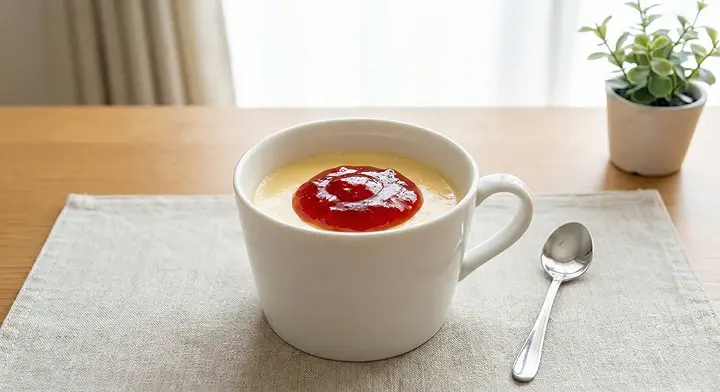 머그컵 푸딩 위에 딸기잼을 올린 잼 푸딩 변형 버전 사진