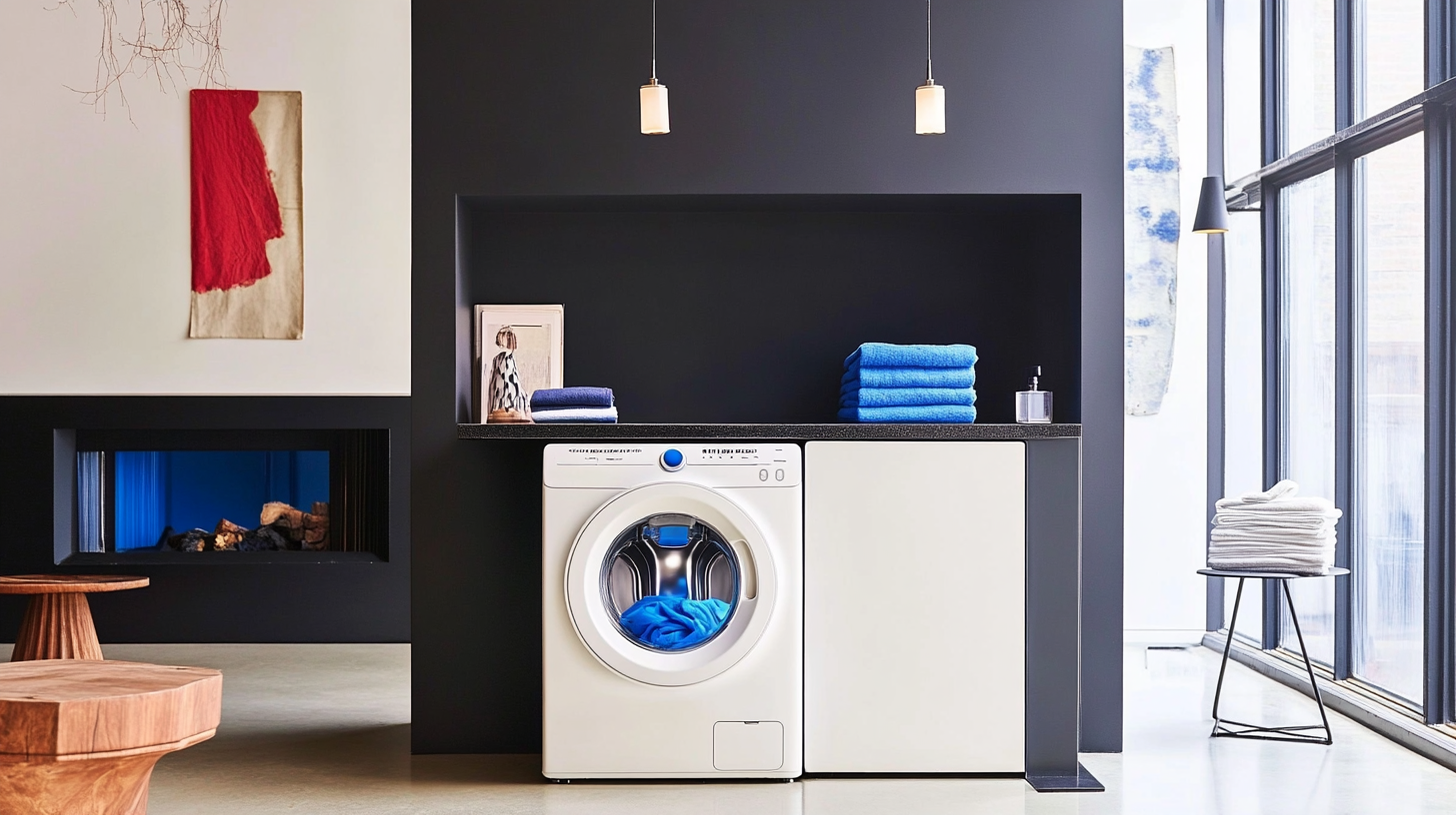 삼성 WF24CB8850BV의 고급 AI 소음 감소 기술이 적용된 럭셔리 세탁 공간, 야간 세탁 중 무드 있는 조명이 강조된 모습