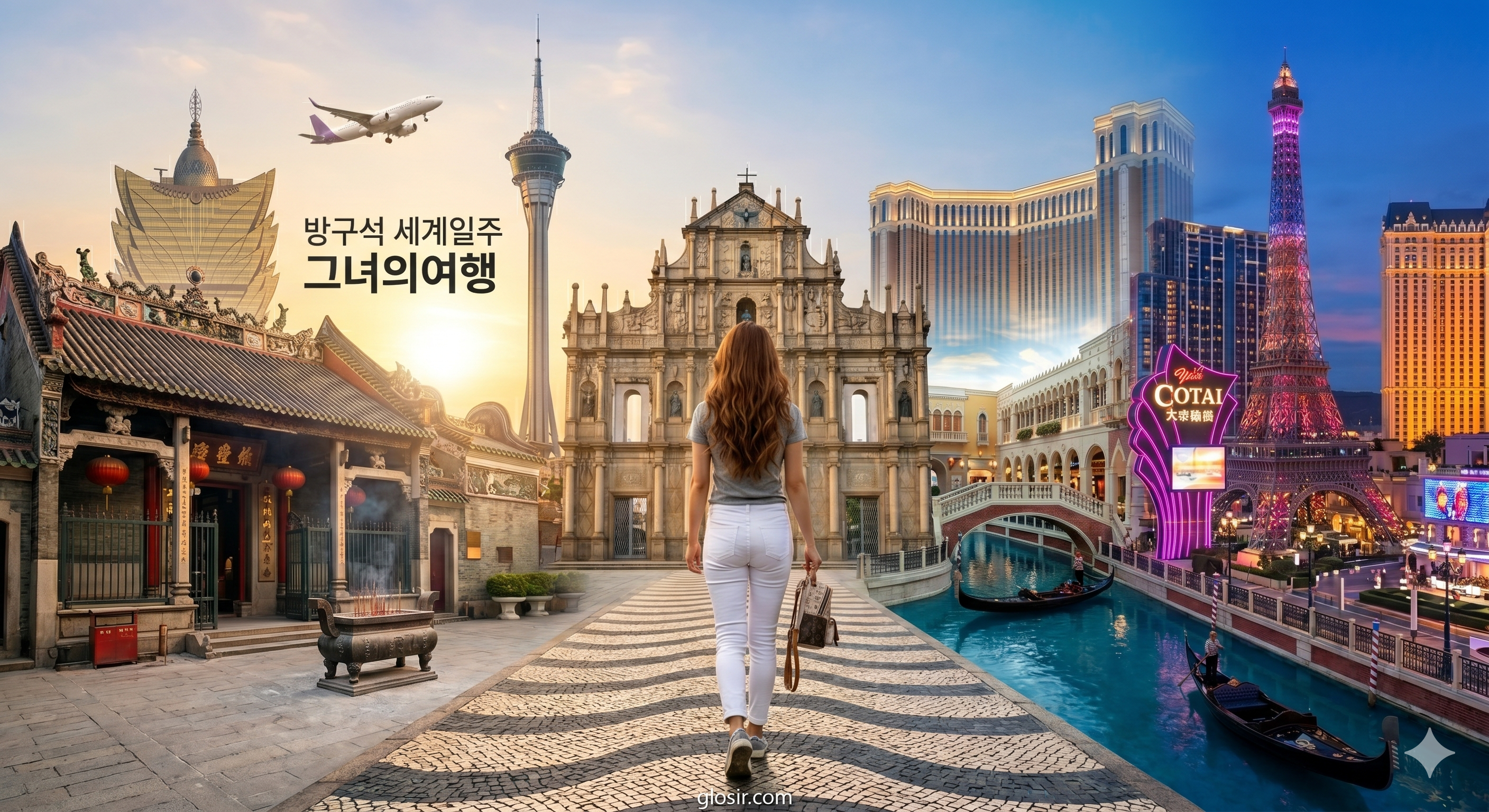 마카오 7개 핵심 코스 파노라마 콜라주를 향해 걸어가는 한국 여성의 뒷모습. [방구석 세계일주 그녀의여행], 성바울성당, 마카오타워, 베네시안, 아마사원 포함. glosir.com 출처 명시.