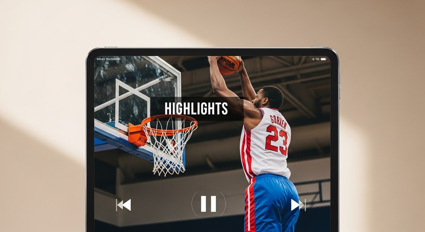 태블릿 화면에 농구 경기 하이라이트 영상이 재생되는 장면