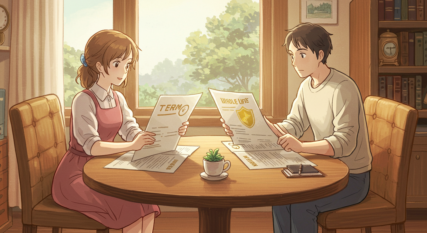 정기보험과 종신형 암보험을 비교하는 부부의 장면