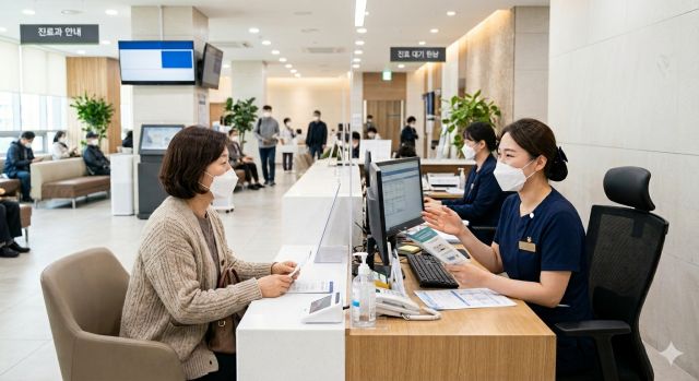 병원 접수 창구에서 진료 상담 받는 모습