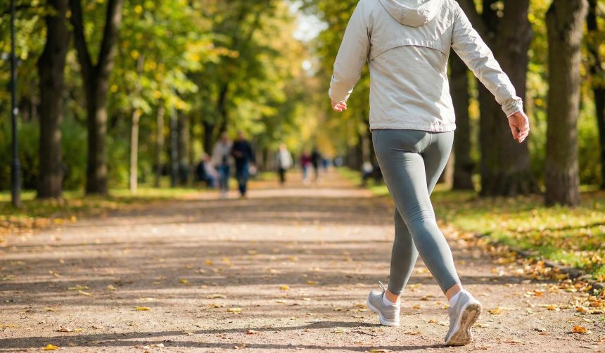 공원에서 보폭을 넓혀 빠르게 걷기(파워워킹)를 하며 고지혈증 유산소 운동을 하는 모습