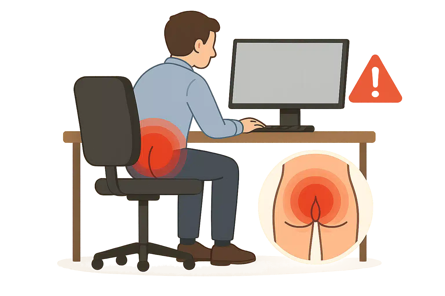 사무실 책상에 장시간 앉아 있는 직장인, 엉덩이와 항문 부위에 붉은 압박