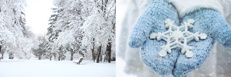 왼쪽은 눈으로 뒤덮힌 나무가 좌/우측에 있고 그 가운데 작은 나무의자 하나가 있는 사진이며 우측은 털실로 짠 하늘색 장갑을 낀 두손위에 눈꽃 형상을 한 모형이 있는 사진