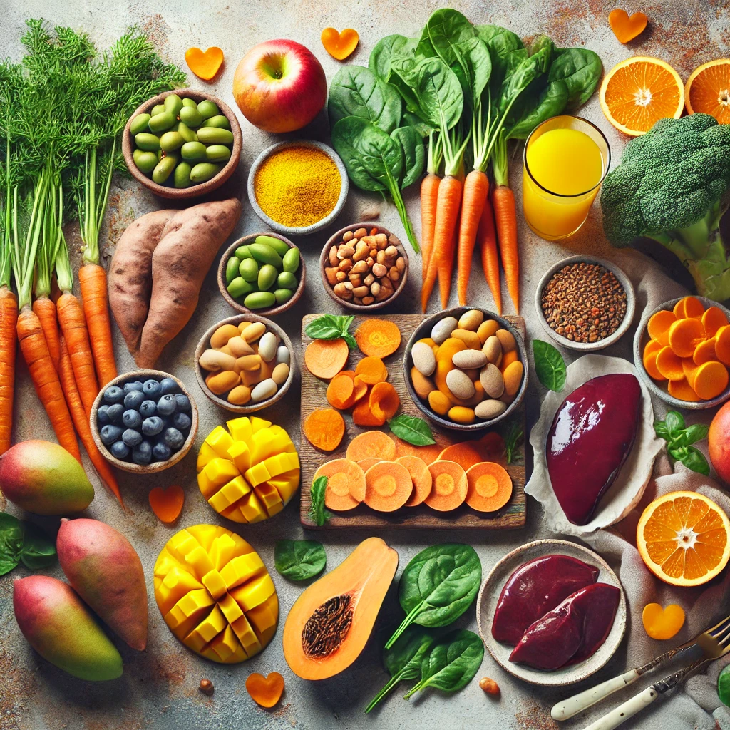 비타민 A가 풍부한 다양한 음식들(당근, 고구마, 간 등)