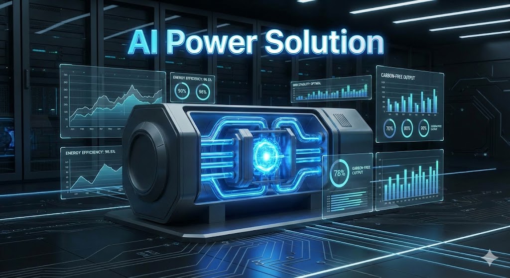 거대한 원자력 발전 시설 실루엣 위로 SMR(Small Modular Reactor) 문구와 에너지 효율 그래프가 오버레이 된 기술 테마 이미지