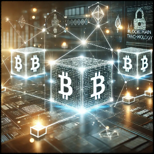 비트코인의 이모지가 삽입된 블록체인의 이미지