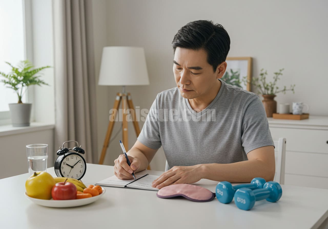 중년 남성이 식단, 운동, 수면 루틴을 기록하며 건강 리듬을 관리하는 장면