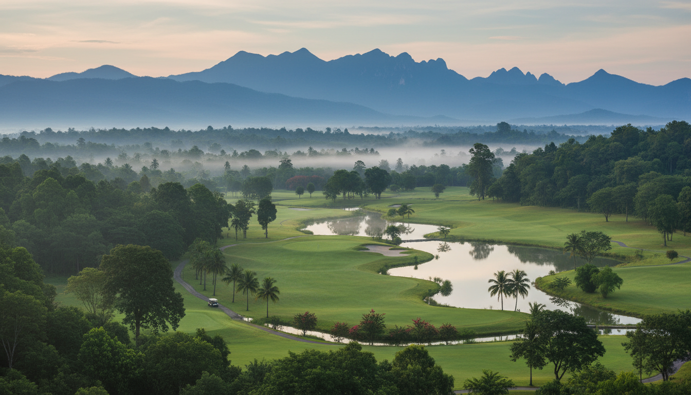 안개가 끼어있는 태국 북부의 치앙라이 골프장 모습