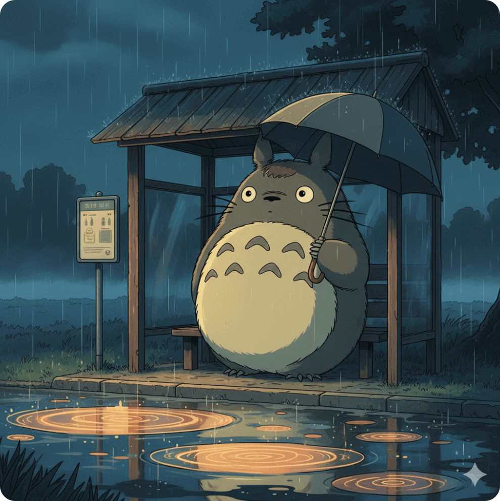alt="미야자키 감독의 철학을 표현한 일러스트. 비 내리는 밤, 작은 버스 정류장에서 커다란 숲의 정령이 조용히 서 있으며 우산이 빗방울을 맞으며 누군가를 기다리고 있는 모습"