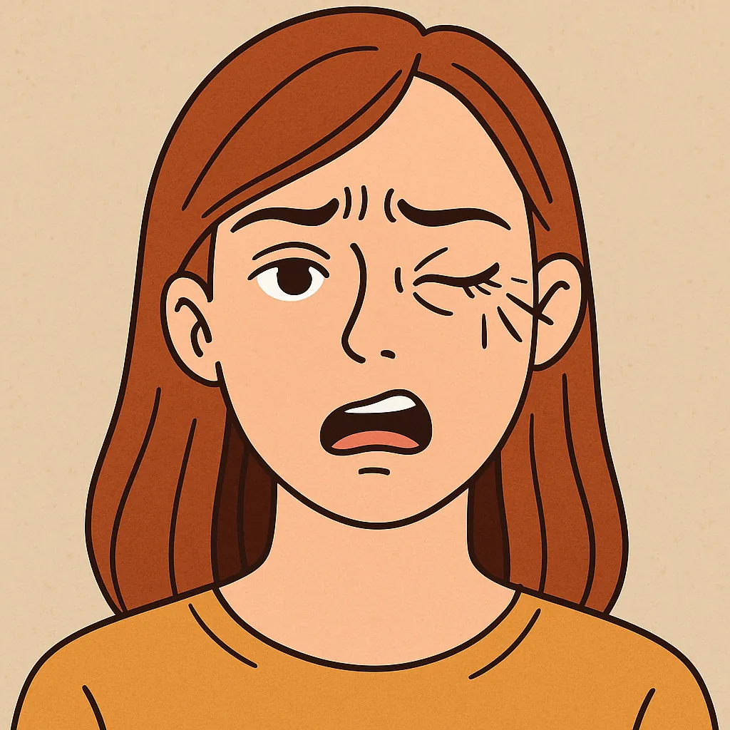 눈꺼풀이 떨려 당황한 표정을 짓는 여성의 일러스트