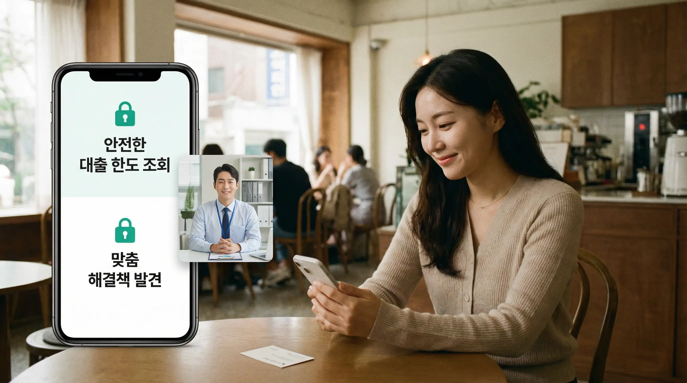 스마트폰 앱을 통해 안전하게 대출 한도를 조회하고 상담사와 연결되어 해결책을 찾는 모습