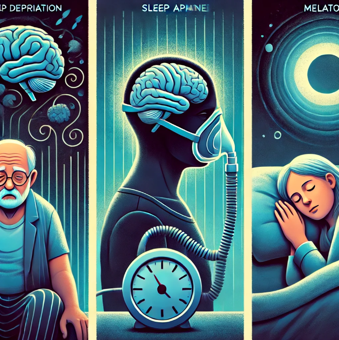 치매 예방과 수면
수면 부족 (왼쪽)-피곤한 표정으로 졸음을 참는 노인의 모습.
수면 무호흡증 (가운데)-CPAP 기계가 옆에 있는 채로 뒤척이며 불안하게 자는 모습.
멜라토닌 (오른쪽)-평온한 표정으로 숙면을 취하는 노인의 모습.