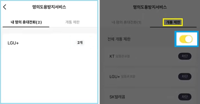 명의도용방지서비스 내명의 휴대전화 &amp; 개통 제한