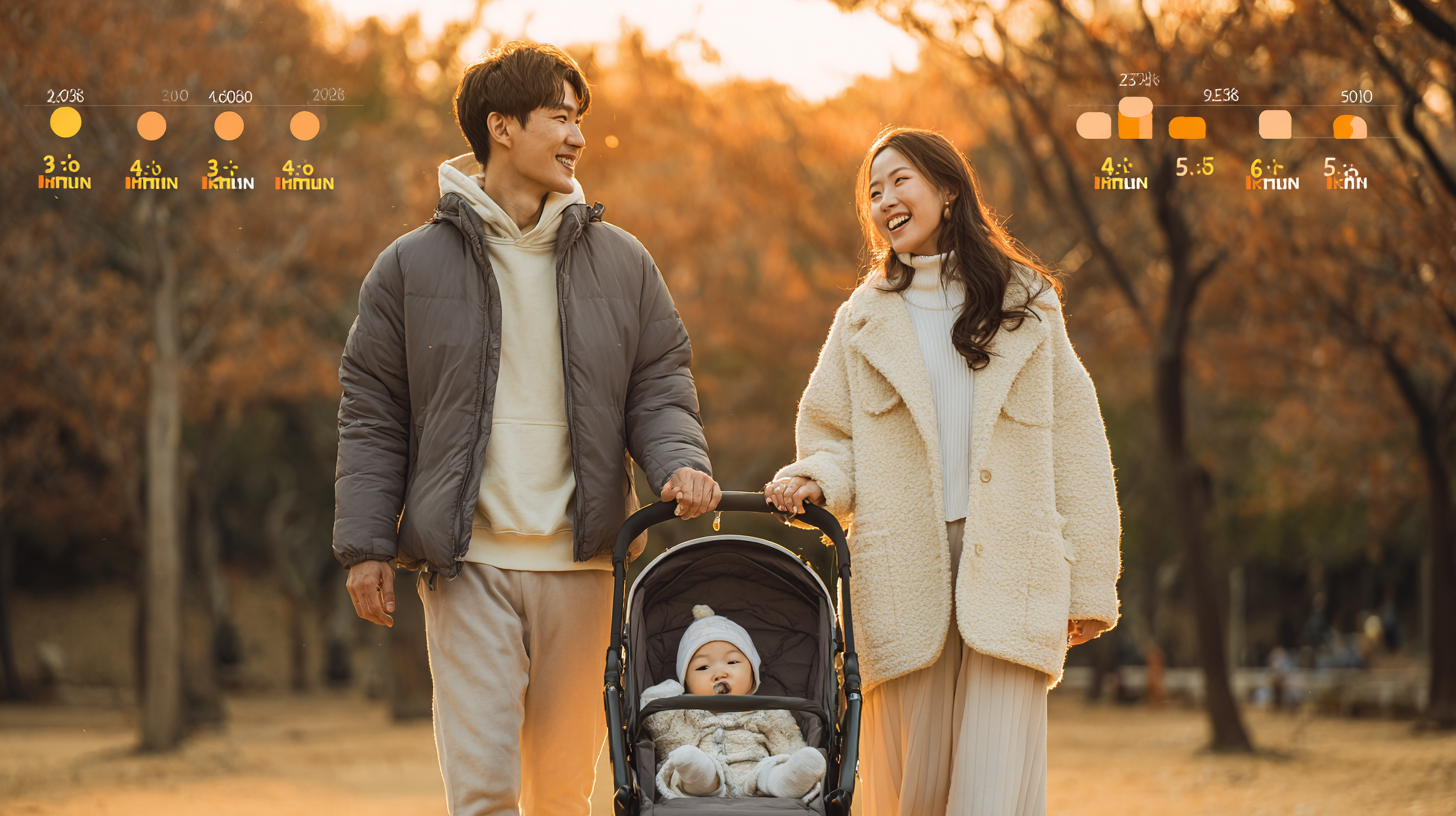 공원 산책 중인 한국 부부가 손을 잡고 유모차를 밀며 환하게 웃는 장면