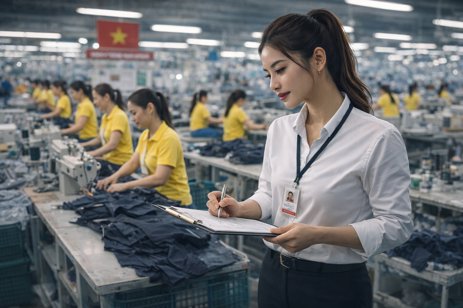 베트남 의류 공장에서 생산 라인을 점검하며 체크리스트를 확인하는 여성 관리자와 작업 중인 공인들
