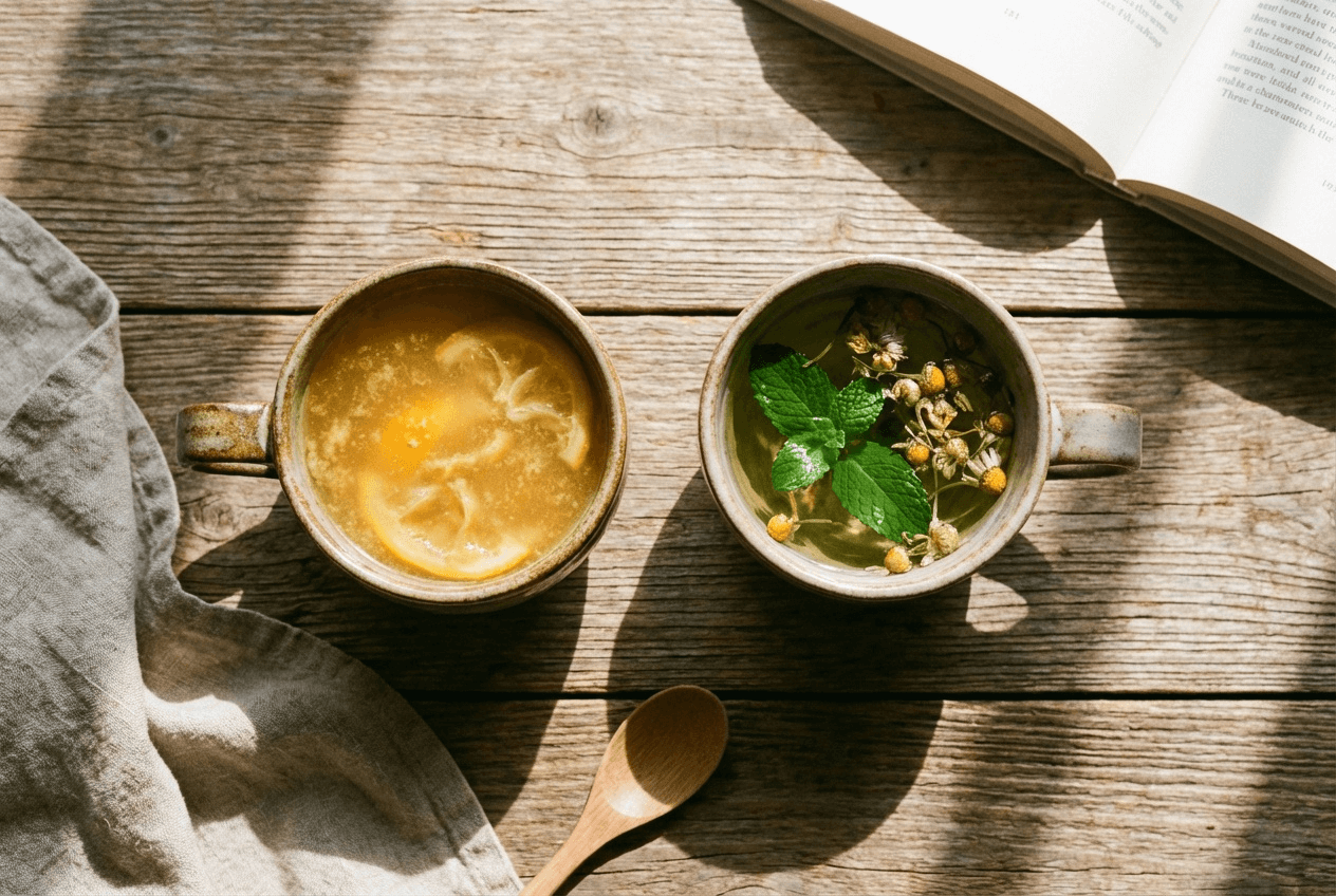 나무 테이블 위에 한국 전통 유자차와 생강차가 담긴 찻잔, 그리고 옆에 캐모마일·민트 허브차 머그컵이 나란히 놓여 있는 모습