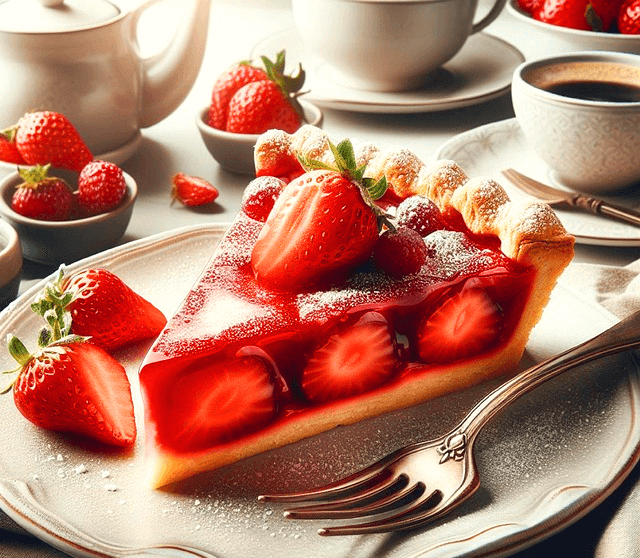 하얀 접시에 빨간 달기들이 가득한 파이 조각이 있고, 주변 작은 그릇에도 딸기들과 블랙커피가 담겨있다.