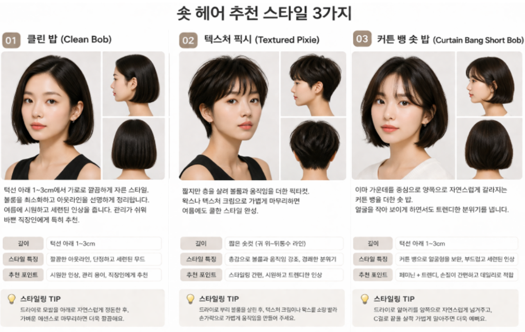 숏 헤어 추천 스타일 - 클린 밥 (Clean Bob), 텍스처 픽시 (Textured Pixie), 커튼 뱅 숏 밥 (Curtain Bang Short Bob)