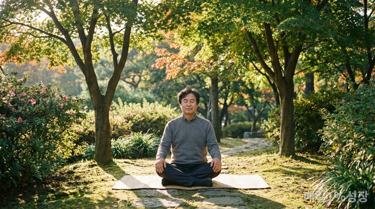 공원에서 심호흡 운동을 하는 한국인의 모습