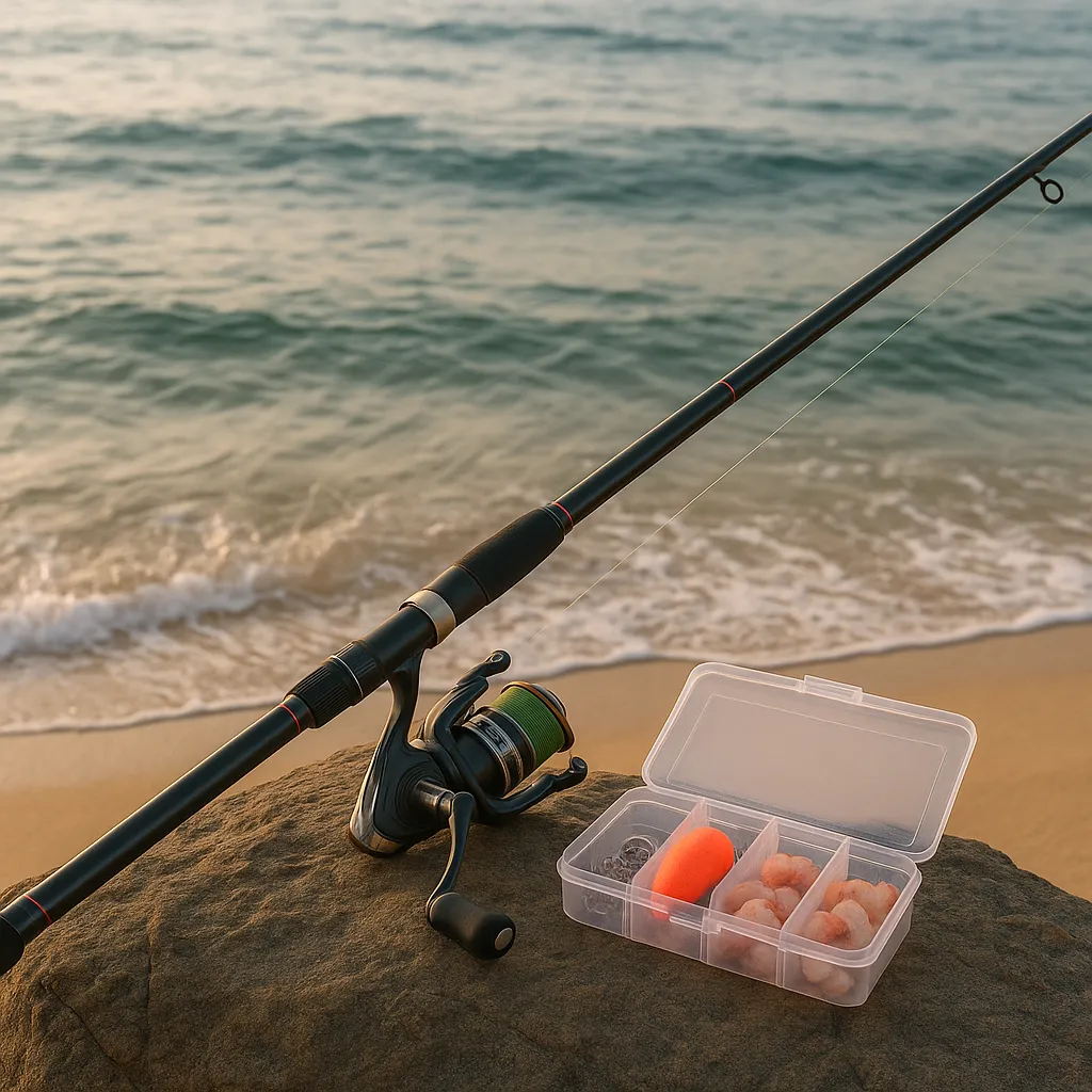 바닷가 바위 위에 놓인 낚싯대와 미끼 상자