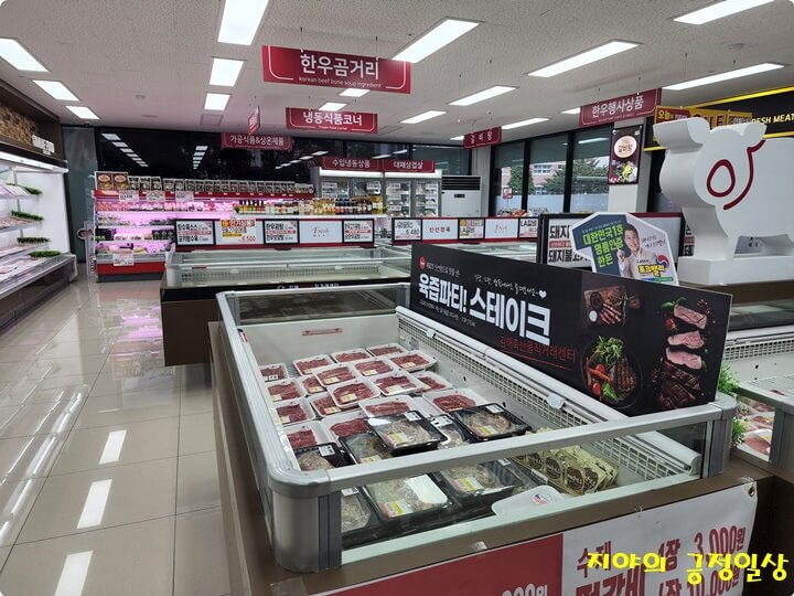 냉장고와 냉동고에 있는 고기와 야채들