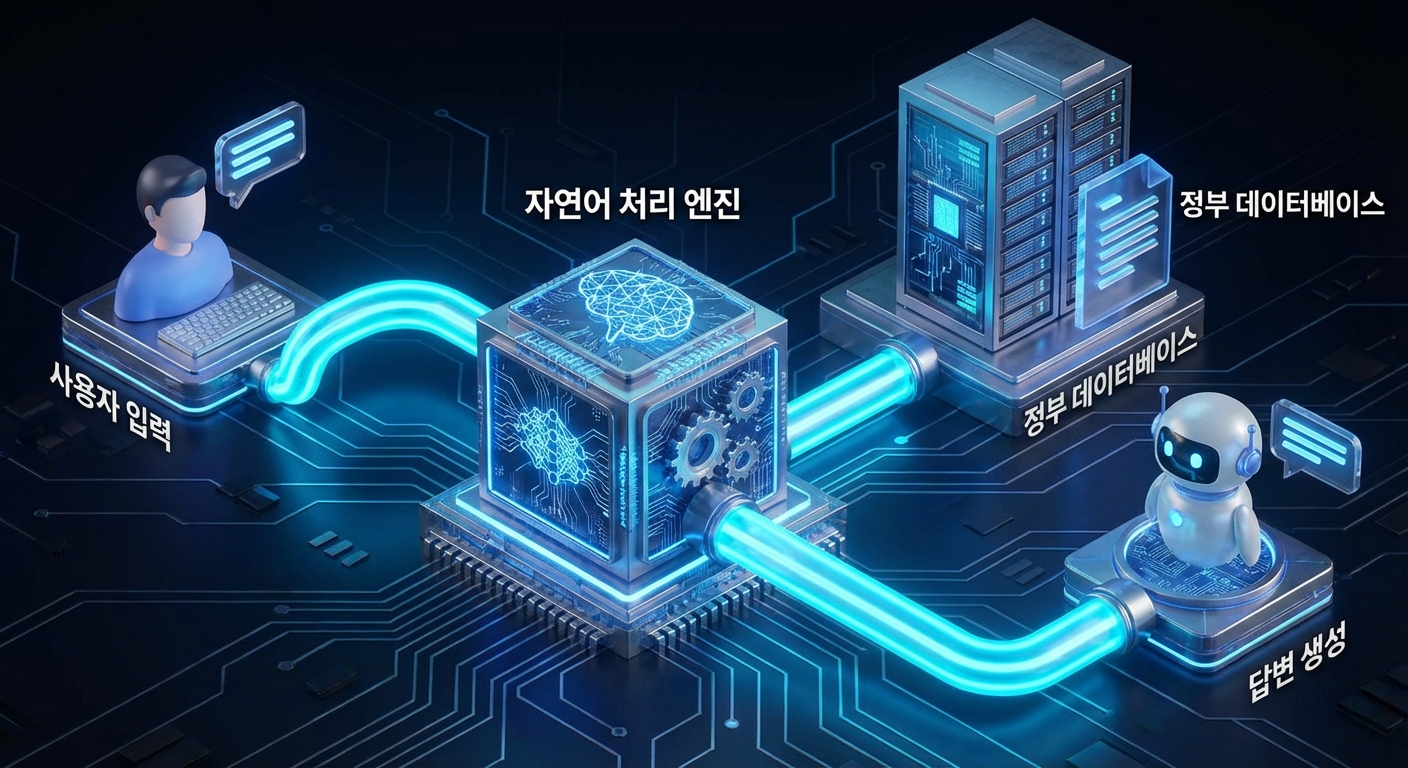 사용자 질문이 AI 엔진과 데이터베이스를 거쳐 답변으로 생성되는 4단계 프로세스 인포그래픽