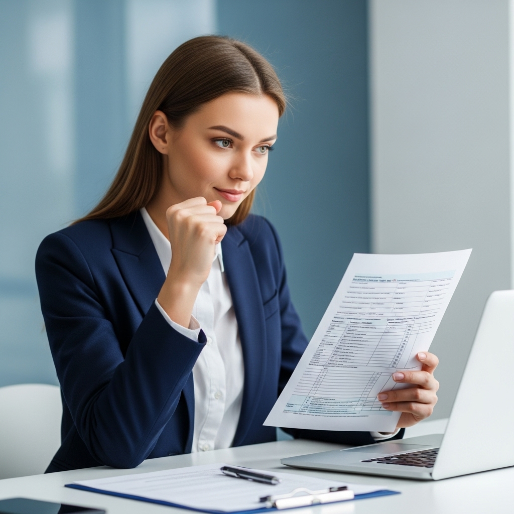 노트북으로 2026년 연말정산 서류를 확인하며 절세 팁을 찾아 뿌듯해하는 젊은 사회초년생 여성