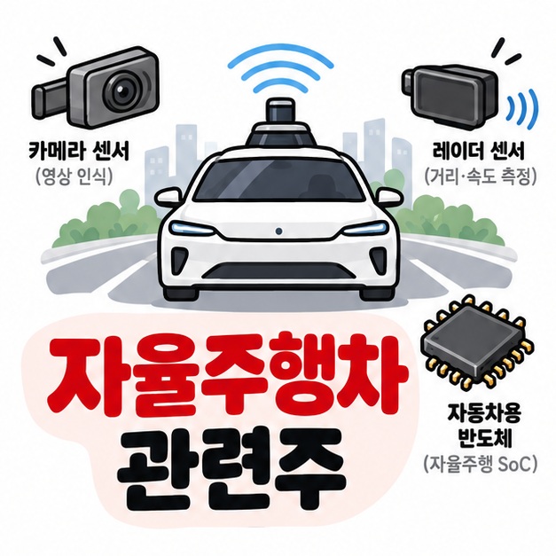 자율주행 자동차와 카메라 레이더 반도체 아이콘 옆에 자율주행차 관련주 문구를 크게 보여주는 대표 카드