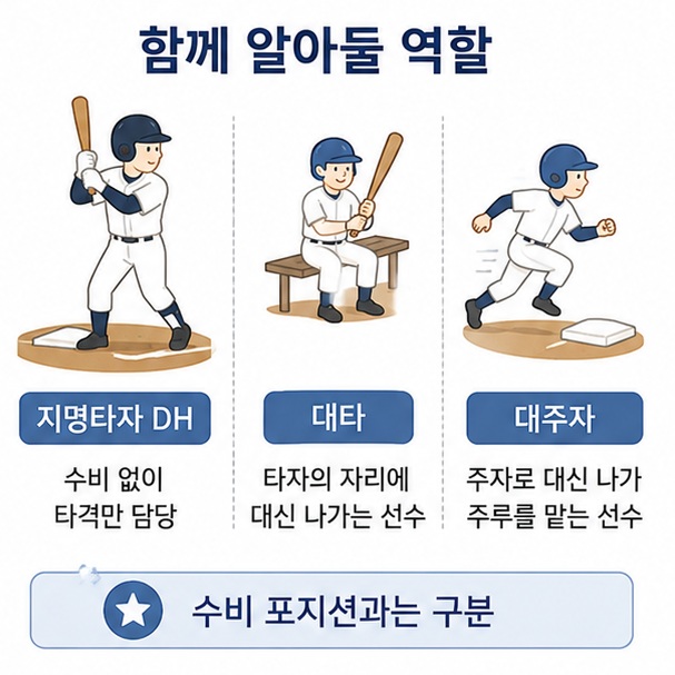 지명타자와 대타, 대주자가 기본 수비 포지션과 어떻게 다른지 정리한 이미지