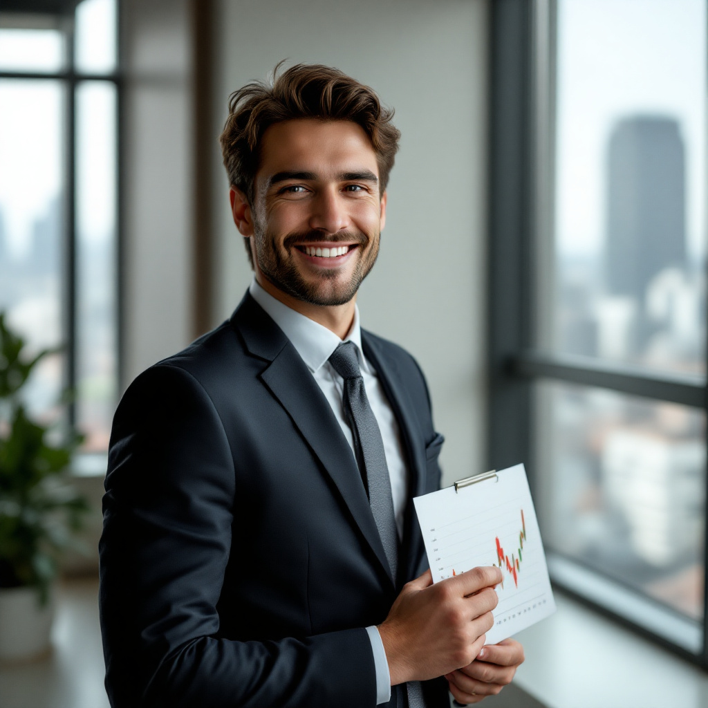 주식 차트를 들고 있는 남성의 자신있는 표정 자세 이미지