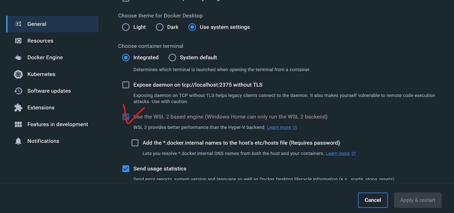 WSL 2 Based engine 체크