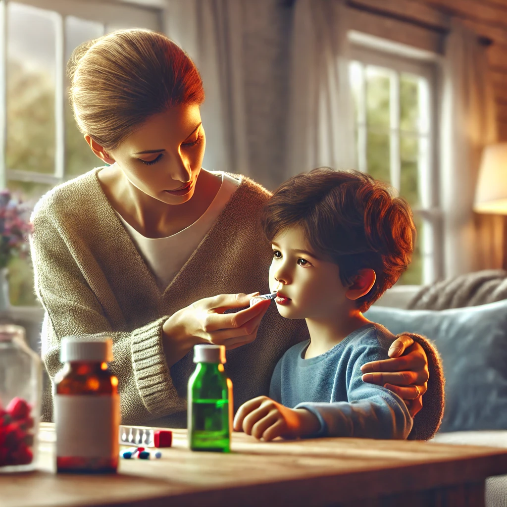 거실에서 어머니가 아픈 아이에게 신중히 약을 주는 모습