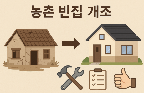 "농촌 빈집 개조를 표현한 일러스트, 낡은 시골 집과 새로 단장된 주택이 화살표로 연결되고, 아래에는 망치와 스패너, 체크리스트, 엄지손 아이콘이 배치