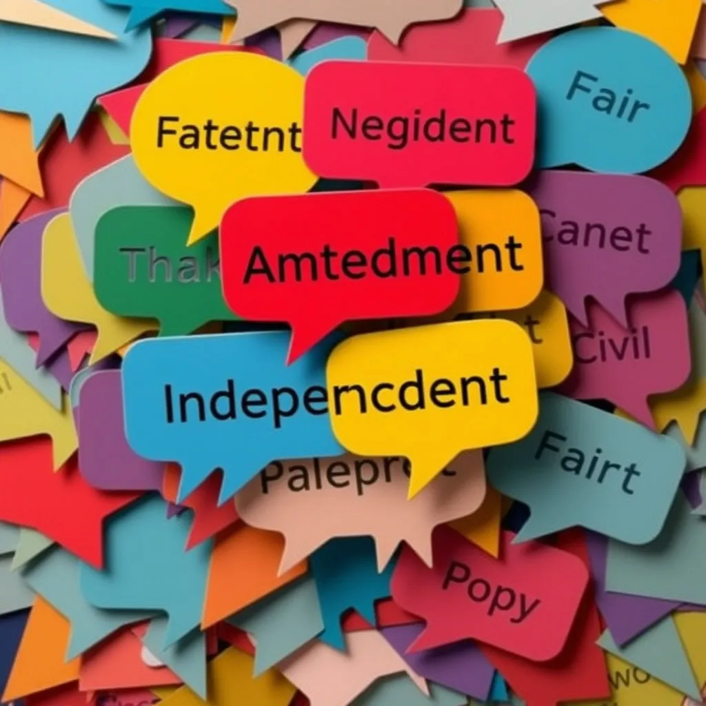 다양한 색깔의 말풍선들이 서로 뒤섞여 겹쳐져 있는 모습입니다. 각 말풍선에는 '개정', '중립', '독립', '공정' 등 핵심 키워드들이 쓰여 있고, 배경은 혼란스러운 도형 패턴으로 채워짐