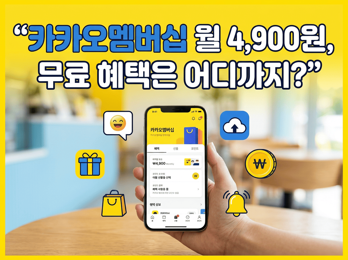스마트폰 주변에 이모티콘&middot;클라우드&middot;선물&middot;포인트 아이콘이 배치된 카카오멤버십 월 4,900원 혜택 안내 이미지