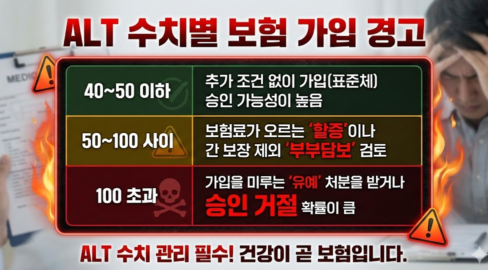 ALT 수치 구간별 보험 가입 위험 경고 이미지, 40~50 정상 승인, 50~100 할증, 100 초과 가입 거절 가능성 표시