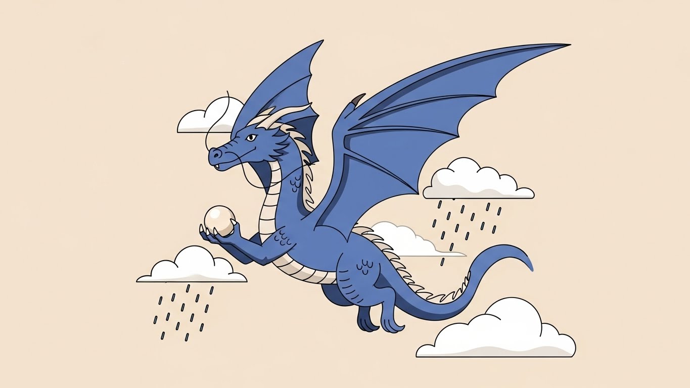 비구름 사이를 비상하며 성공의 상징인 여의주를 든 용 캐릭터의 2D 플랫 벡터 일러스트