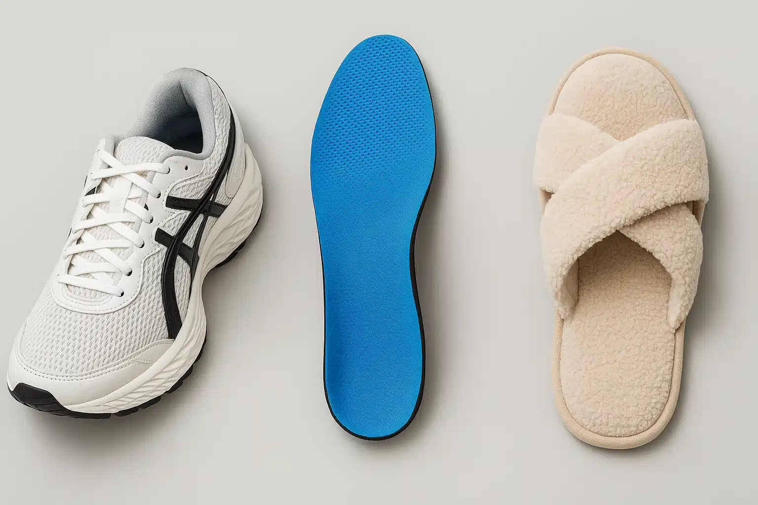 충격 흡수가 좋은 러닝화, 아치를 지지하는 기능성 깔창, 쿠션 있는 실내용 슬리퍼