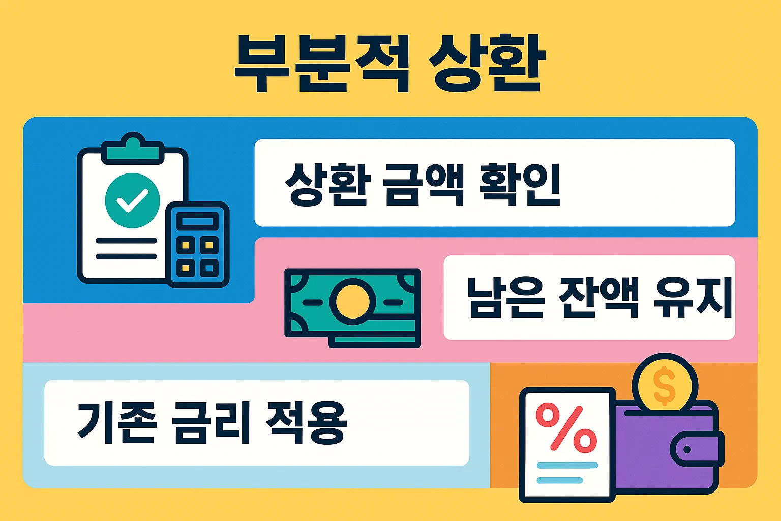 버팀목 전세자금대출의 부분상환 시 상환 금액 확인, 잔액 유지, 기존 금리 적용 등 핵심 포인트를 한눈에 이해할 수 있도록 구성한 인포그래픽 자료입니다.