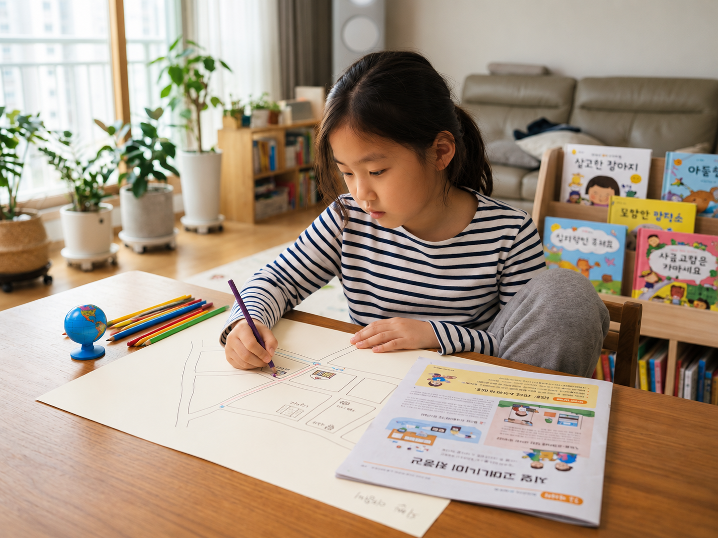초등학생이 어린이 신문을 읽고 사회 이슈에 대해 생각하며 그림을 그리는 학습 실천 장면