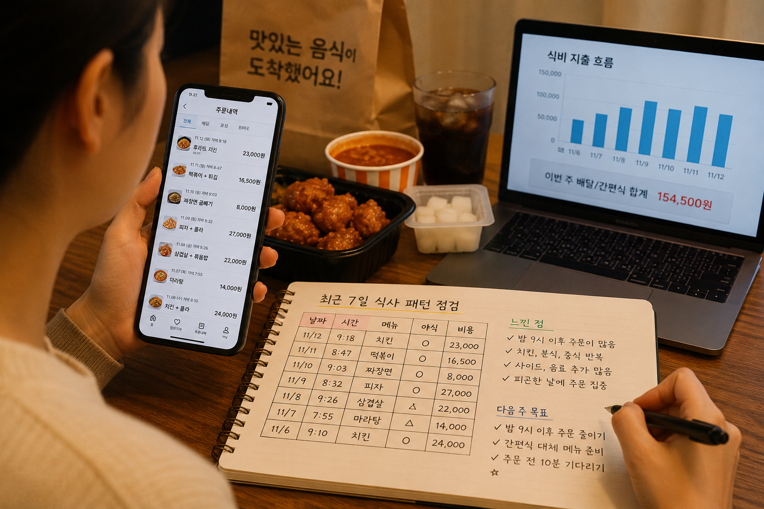 배달앱 주문내역을 보며 최근 식사 패턴과 식비 흐름을 점검하는 모습