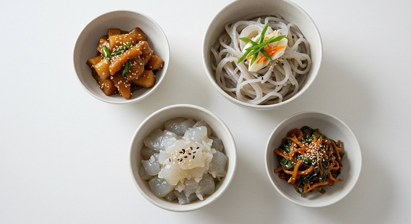 곤약밥, 곤약면, 곤약조림이 함께 놓인 식탁