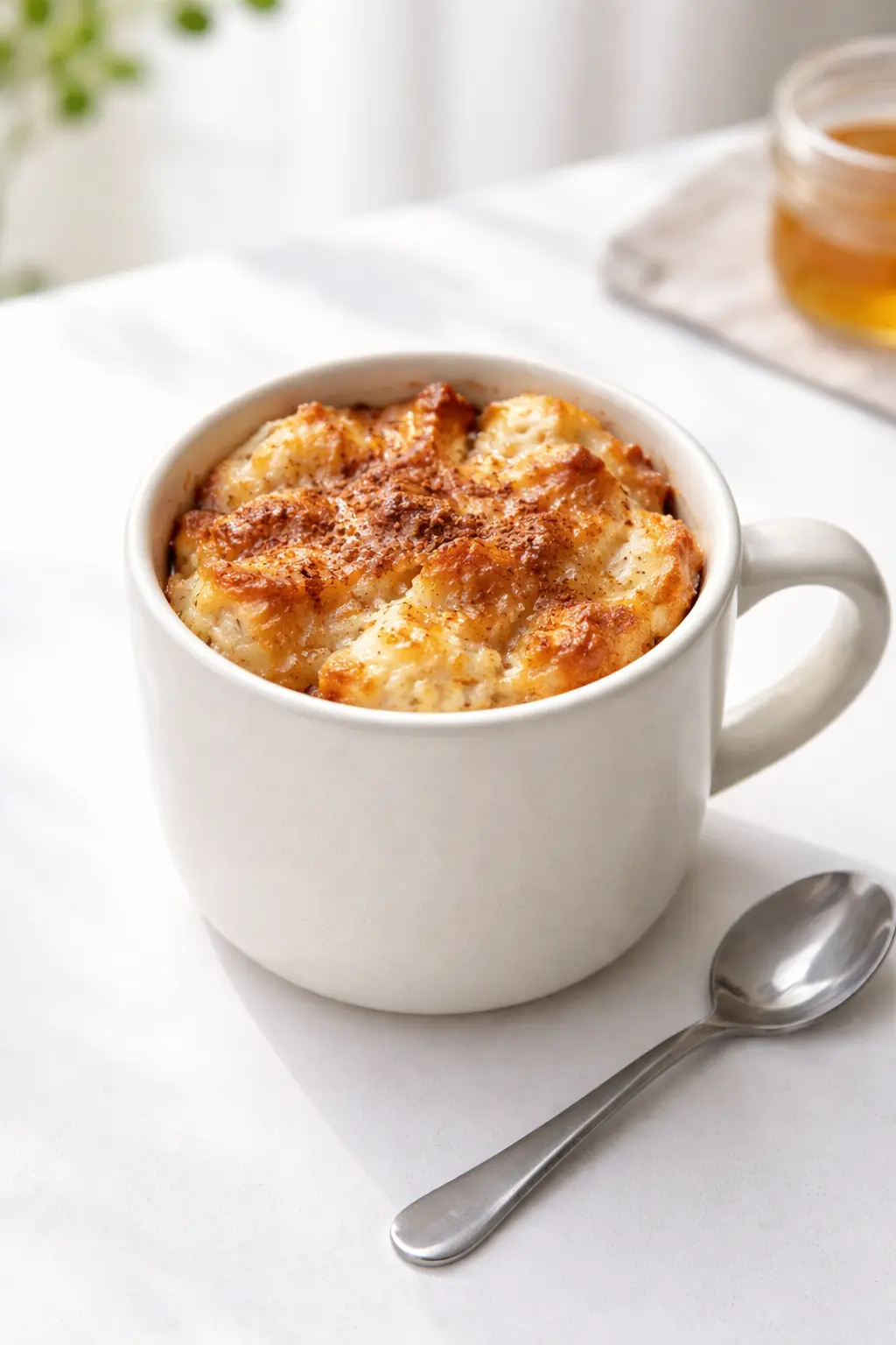 머그컵에 담긴 전자레인지 빵푸딩 완성 사진