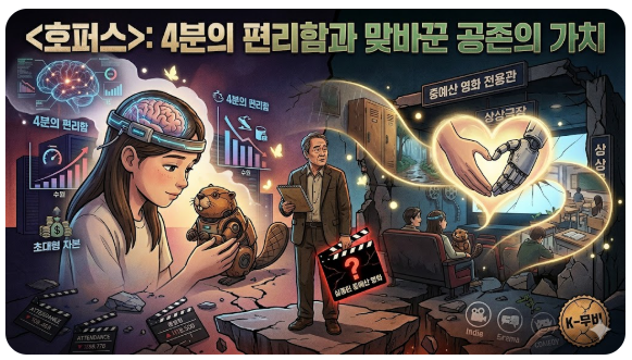 영화 <호퍼스> 리뷰 썸네일로, 편리함과 공존의 가치를 대조했습니다. 왼쪽은 인간 뇌와 로봇, 편리함을 나타내는 문구와 우하향 그래프가 배치되었으며, 오른쪽은 인간과 로봇이 함께 만든 하트 스크린과 공존을 상징하는 문구를 통해 따뜻한 공존의 메시지를 표현했습니다.