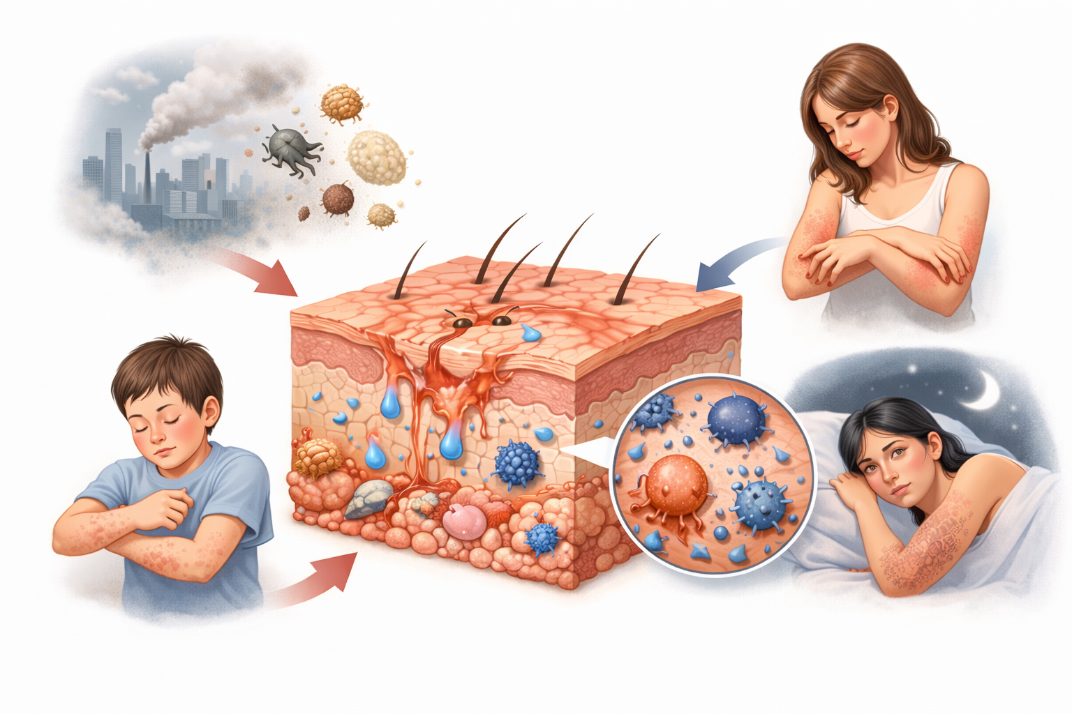 피부 장벽이 갈라지고 염증이 나타난 단면과 가려움으로 팔을 긁는 모습을 통해 아토피 피부염을 직관적으로 보여주는 이미지