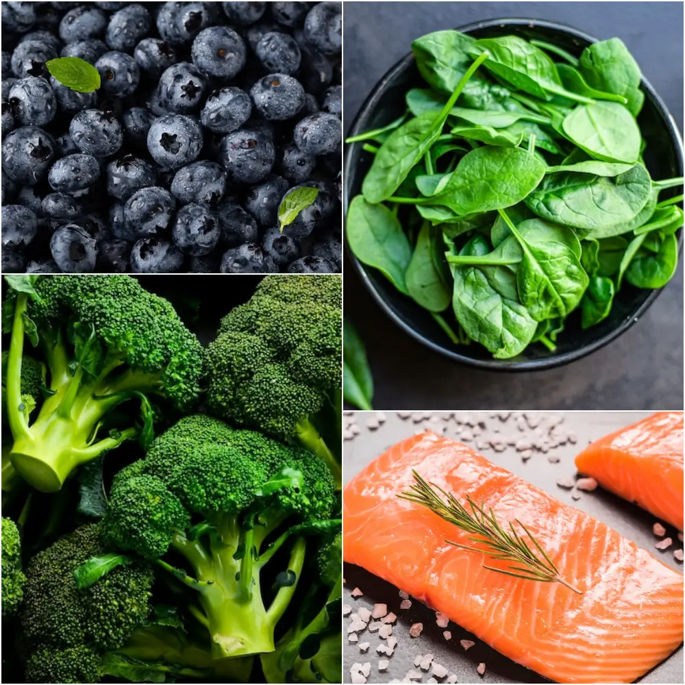 블루베리, 시금치, 브로콜리, 연어 이미지